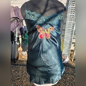 Vtg 90's Teal Green Satin Butterfly Slip Dress